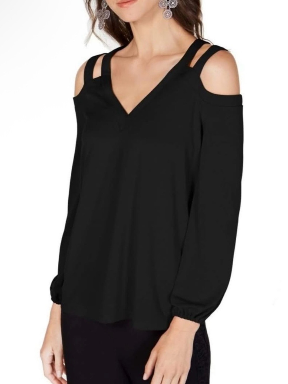 INC International Concepts Black Cold-Shoulder V-Neck Blouse